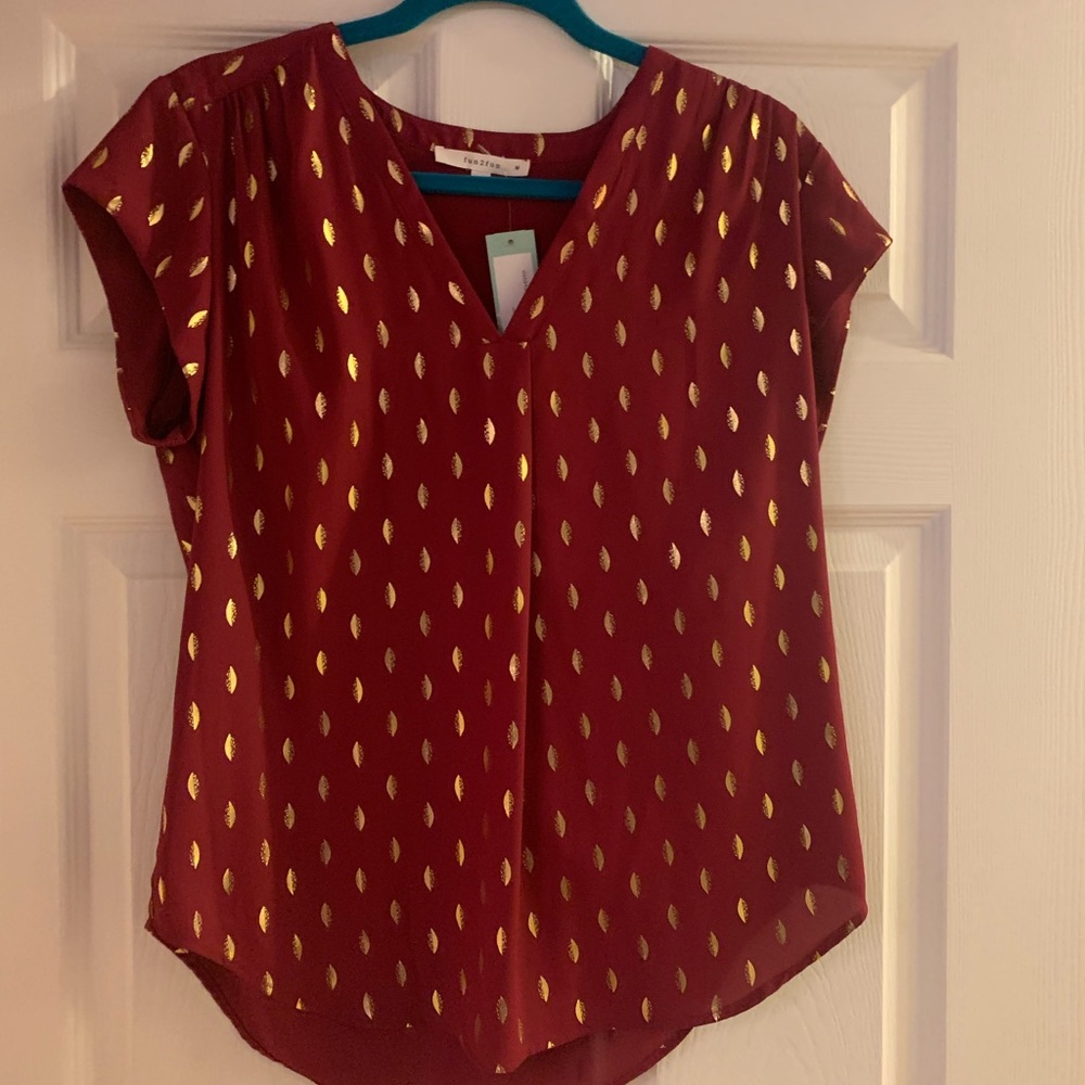 Burgundy and gold feather top